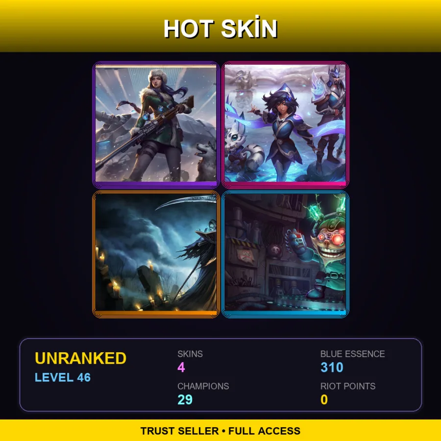 EUNE | Arctic Warfare Caitlyn | SSG Ezreal | Grim Reaper Karthus | Mad Scientist Ziggs | 4 Skin | 29 Champ | Lv46