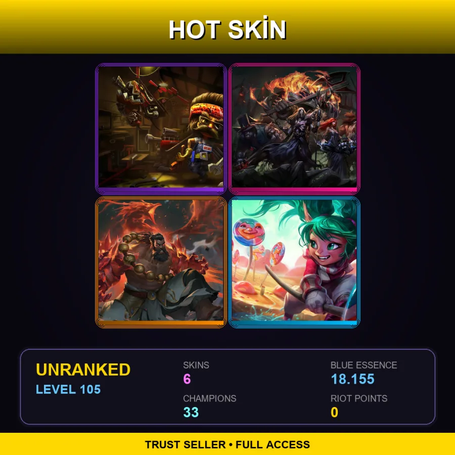 EUW | Lv105 | Unranked | 6 Skin | 33 Champ