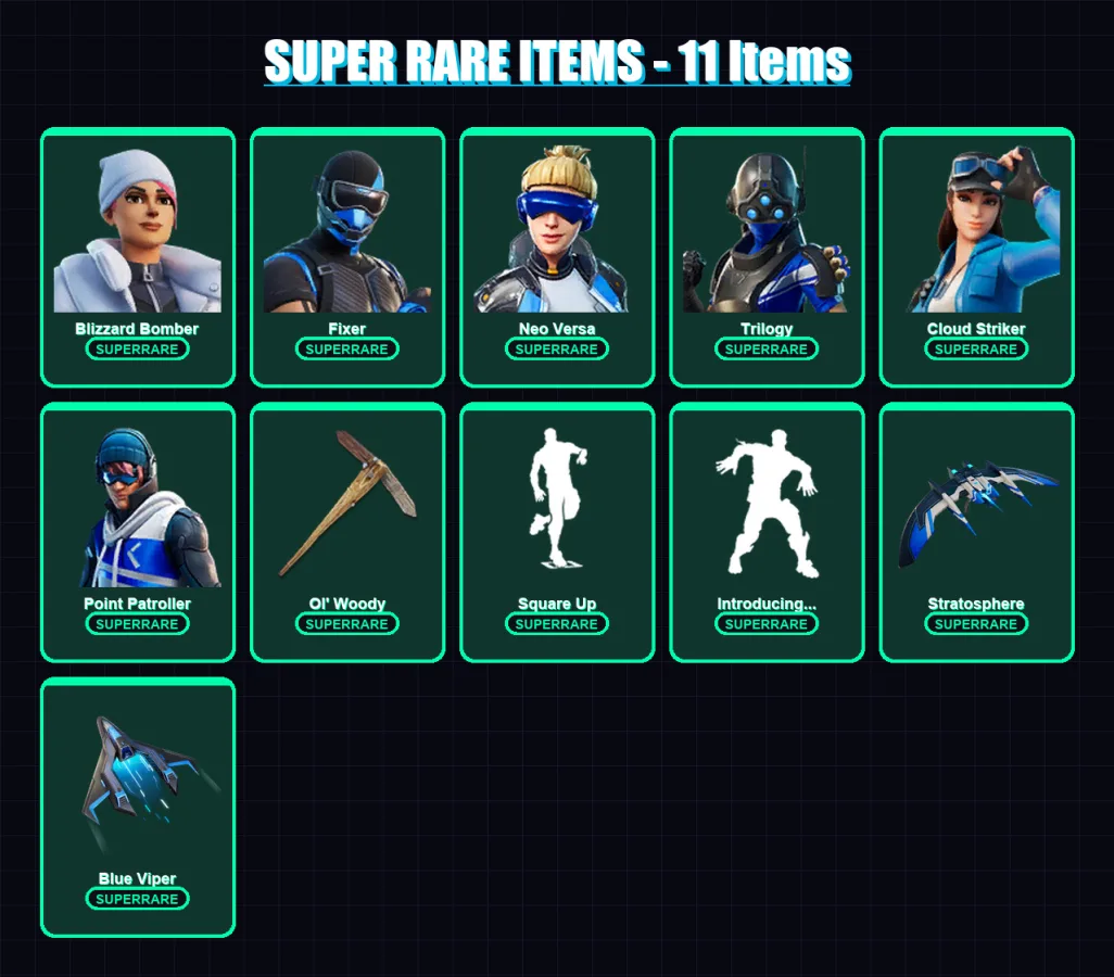 [PS4/PS5/XBOX/PC] | Blizzard Bomber | Fixer | Neo Versa | Trilogy | Cloud Striker | 89 skin | 80 pickaxe | 77 emote | 57 glider | Lv935