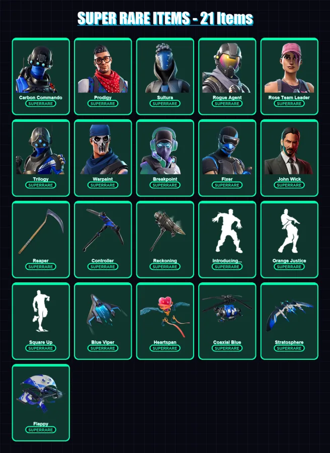 [PS4/PS5/PC] | Carbon Commando | Prodigy | Sultura | Rogue Agent | Rose Team Leader | 79 skin | 47 pickaxe | 66 emote | 54 glider | Lv503