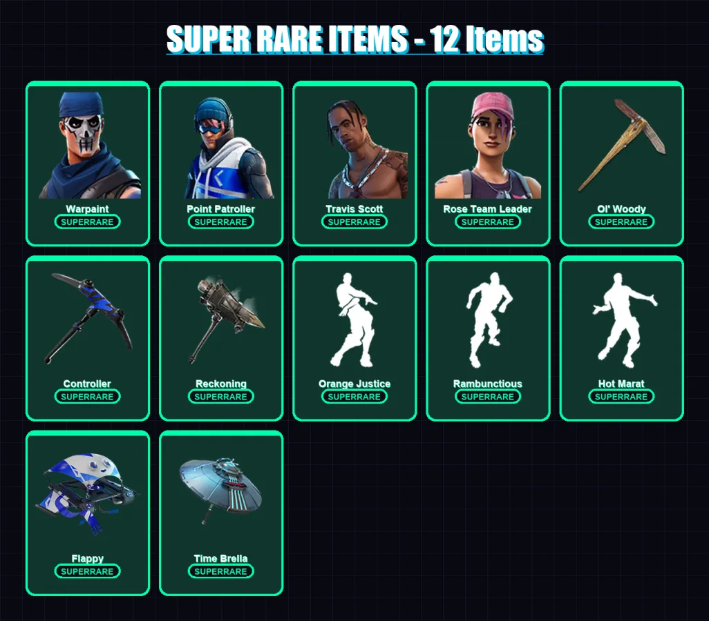 [PS4/PS5/XBOX/PC] | Warpaint | Point Patroller | Travis Scott | Rose Team Leader | Omega | 112 skin | 72 pickaxe | 112 emote | 76 glider | Lv1073
