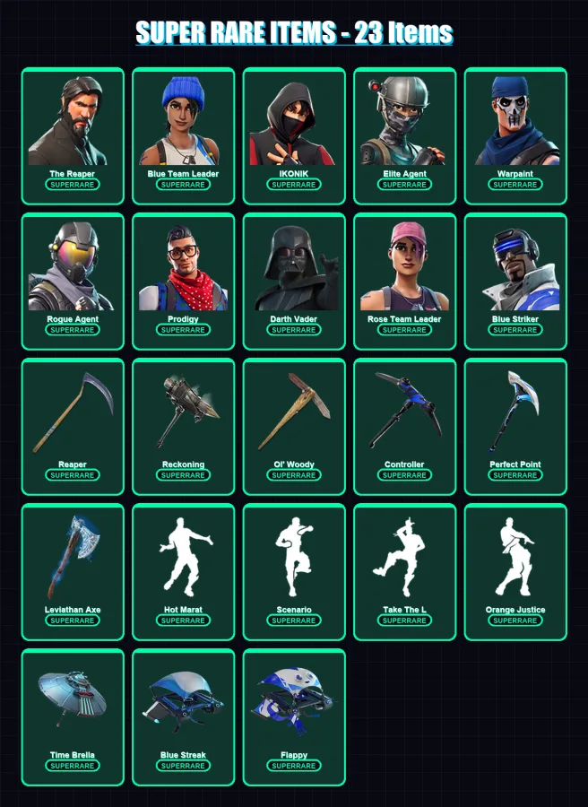 [PC/XBOX] | The Reaper | Blue Team Leader | IKONIK | Elite Agent | Warpaint | 184 skin | 181 pickaxe | 183 emote | 178 glider | Lv2653