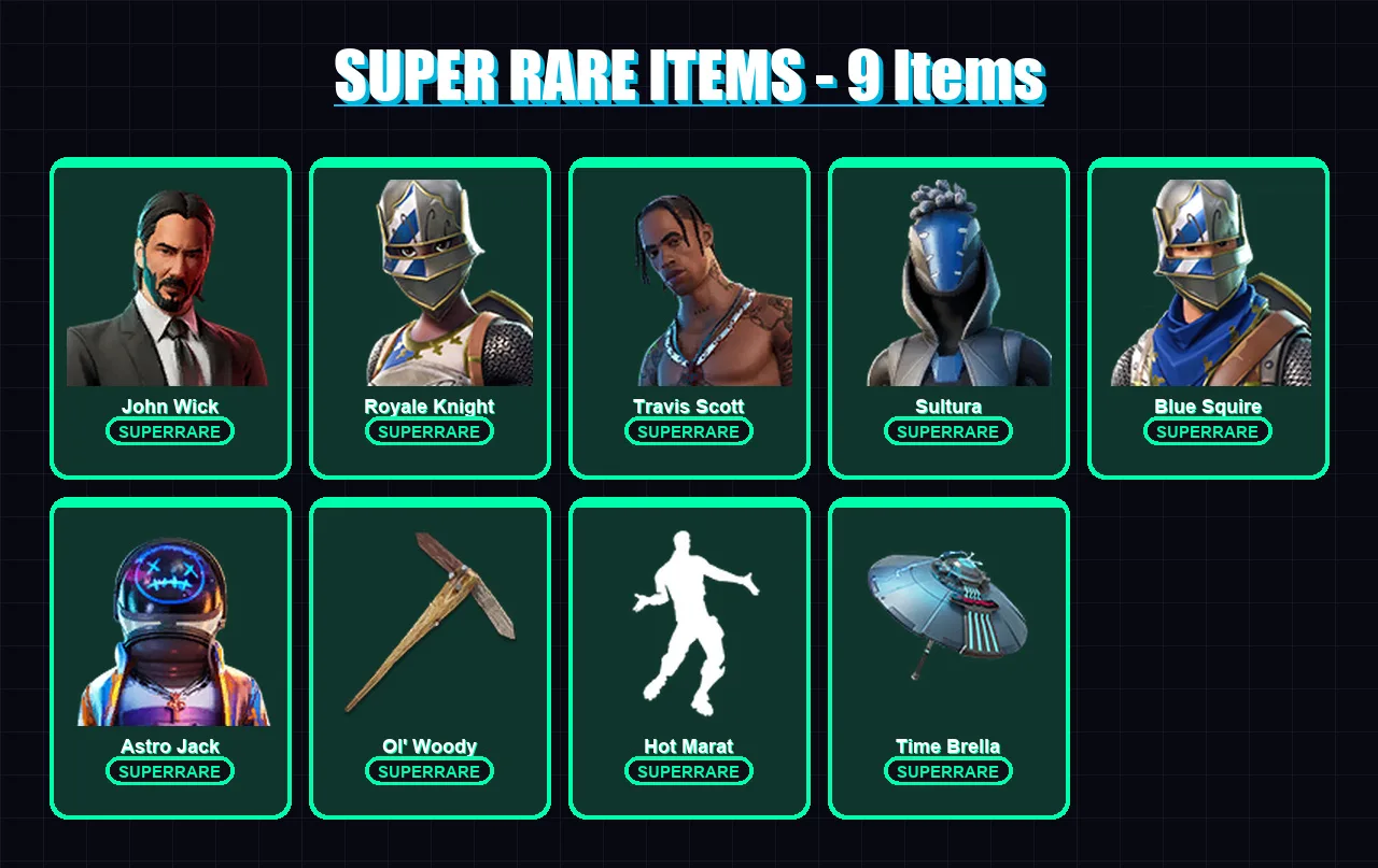 [PS4/PS5/XBOX/PC] | John Wick | Royale Knight | Travis Scott | Sultura | Blue Squire | 134 skin | 137 pickaxe | 117 emote | 97 glider | Lv1037
