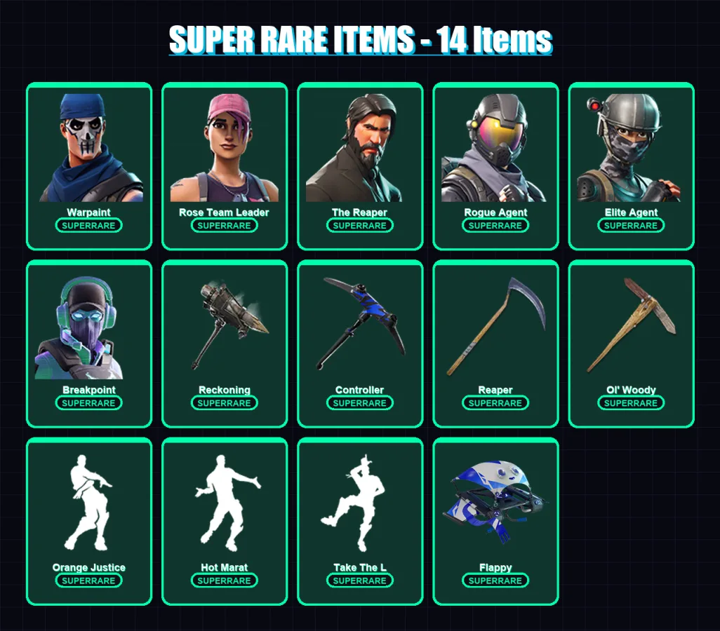 [PS4/PS5/XBOX/PC] | Warpaint | Rose Team Leader | The Reaper | Rogue Agent | Elite Agent | 93 skin | 77 pickaxe | 89 emote | 77 glider | Lv909