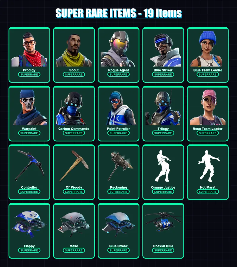 [PS4/PS5/XBOX/PC] | Prodigy | Scout | Rogue Agent | Blue Striker | Blue Team Leader | 102 skin | 70 pickaxe | 116 emote | 65 glider | Lv884