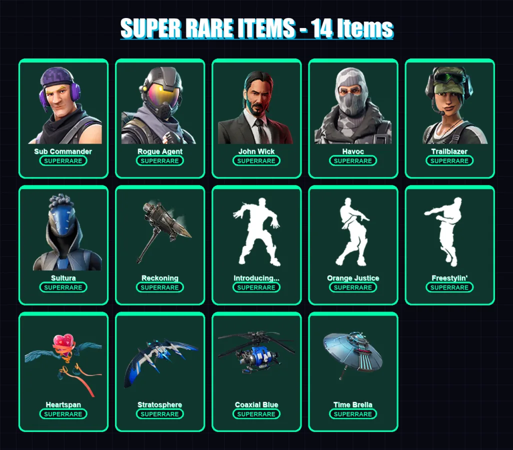 [PC] | Sub Commander | Rogue Agent | John Wick | Havoc | Trailblazer | 97 skin | 117 pickaxe | 77 emote | 86 glider | Lv1010