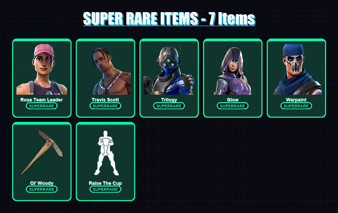 [PC] | Rose Team Leader | Travis Scott | Trilogy | Glow | Warpaint | 140 skin | 137 pickaxe | 127 emote | 116 glider | Lv1802