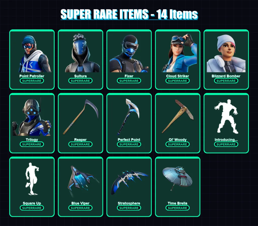[PC/XBOX/PSN] | Point Patroller | Sultura | Fixer | Cloud Striker | Blizzard Bomber | 121 skin | 135 pickaxe | 100 emote | 112 glider | Lv1687