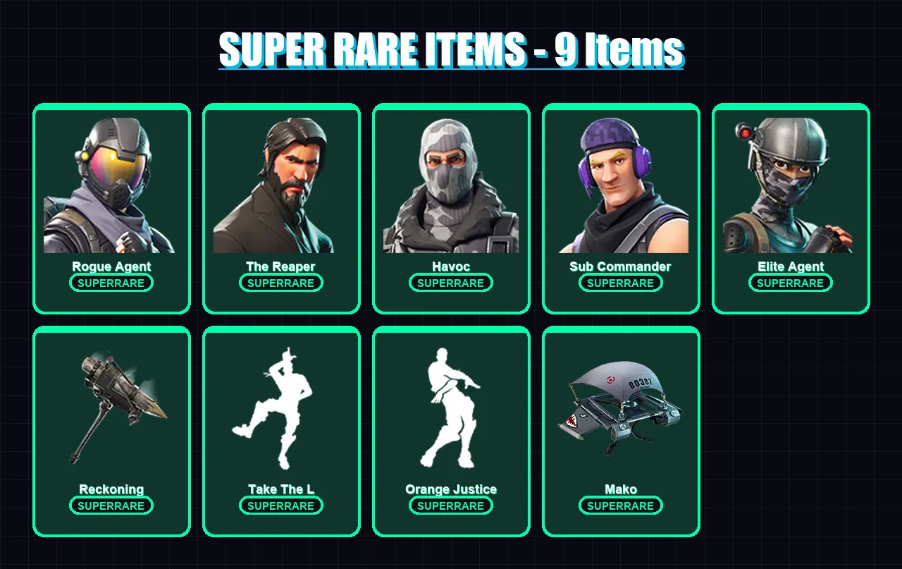 [PC/XBOX] | Rogue Agent | The Reaper | Havoc | Sub Commander | Elite Agent | 45 skin | 24 pickaxe | 35 emote | 33 glider | Lv404