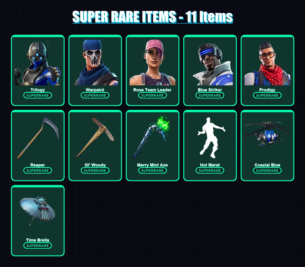 [PC/PSN] | Trilogy | Warpaint | Rose Team Leader | Blue Striker | Prodigy | 98 skin | 88 pickaxe | 89 emote | 75 glider | Lv1430