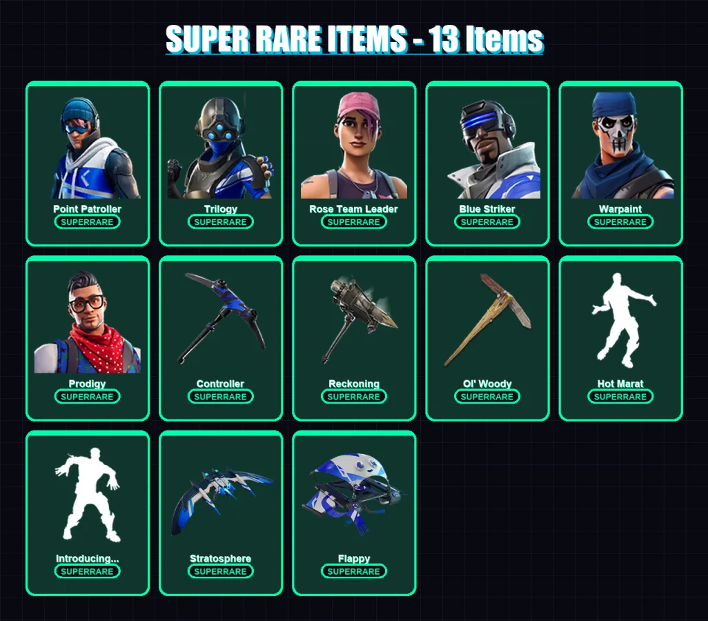 [PC] | Point Patroller | Trilogy | Rose Team Leader | Blue Striker | Warpaint | 80 skin | 89 pickaxe | 90 emote | 71 glider | Lv866