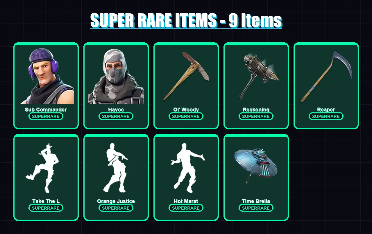 [PC/XBOX] | Sub Commander | Havoc | Dire | Kymera | Sentinel | 83 skin | 105 pickaxe | 86 emote | 99 glider | Lv1287