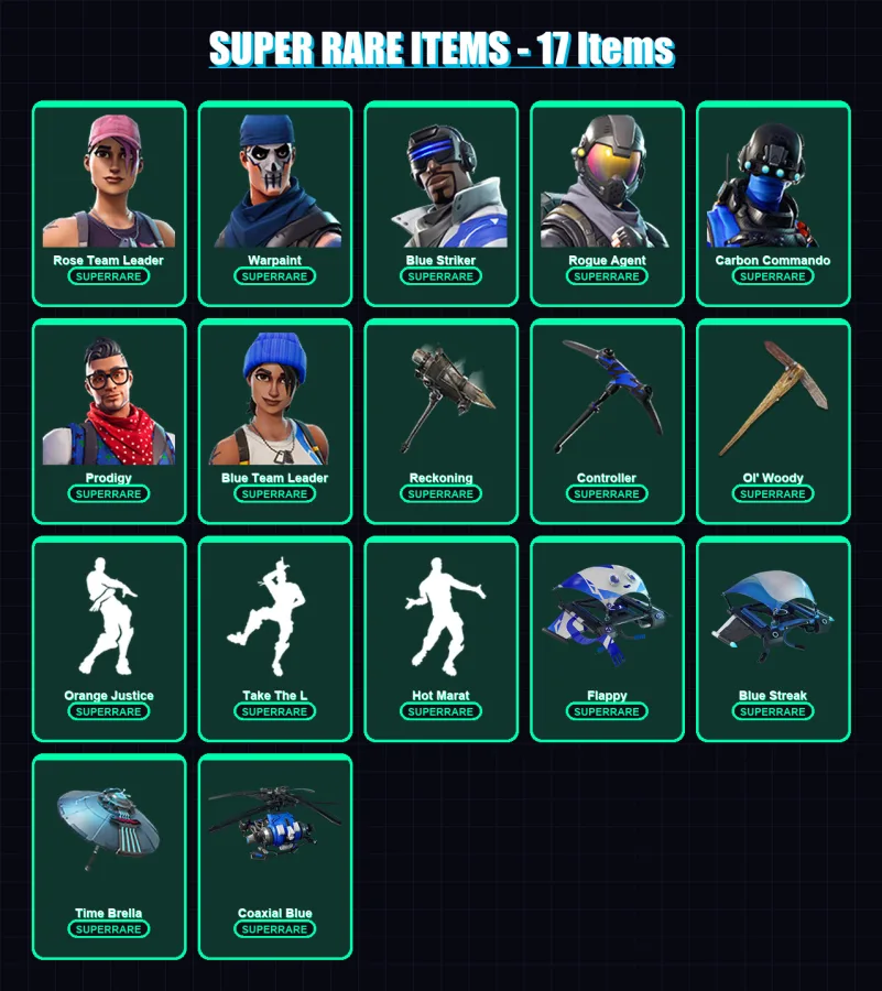 [PC/XBOX] | Rose Team Leader | Warpaint | Blue Striker | Rogue Agent | Carbon Commando | 87 skin | 72 pickaxe | 96 emote | 73 glider | Lv876