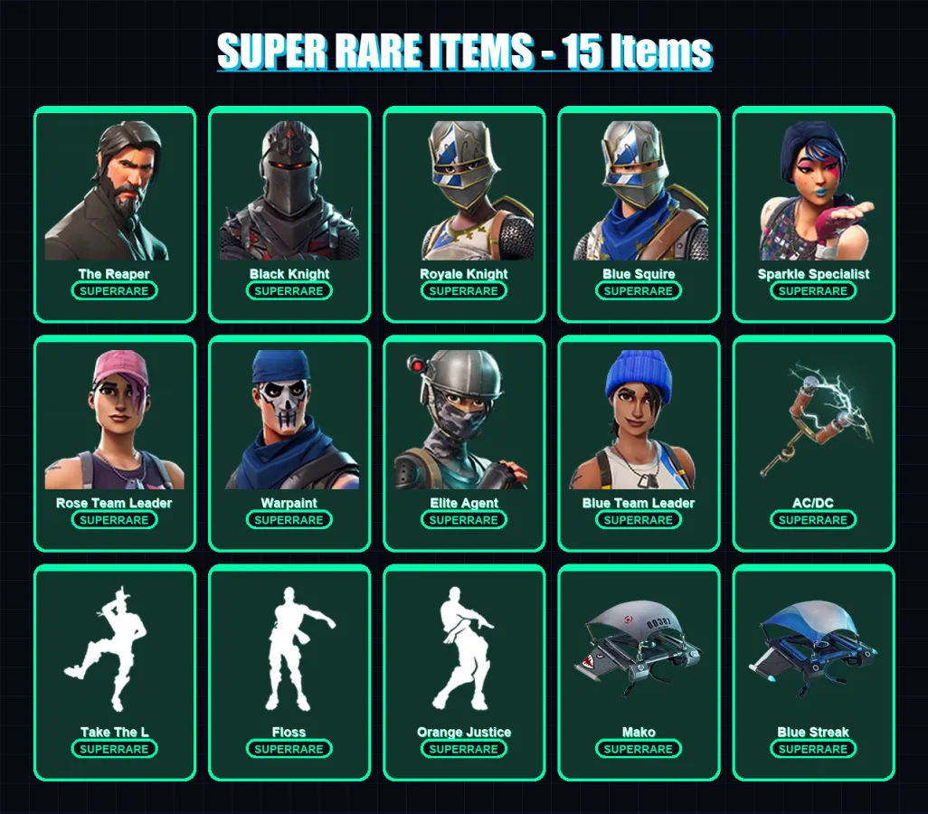 [PS4/PS5/XBOX/PC] | The Reaper | Black Knight | Royale Knight | Blue Squire | Sparkle Specialist | 33 skin | 20 pickaxe | 21 emote | 23 glider | Lv2