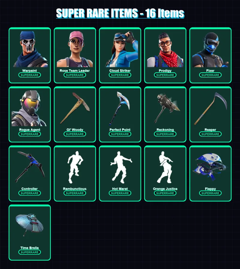 [PS4/PS5/XBOX/PC] | Warpaint | Rose Team Leader | Cloud Striker | Prodigy | Fixer | 89 skin | 91 pickaxe | 92 emote | 84 glider | Lv1012