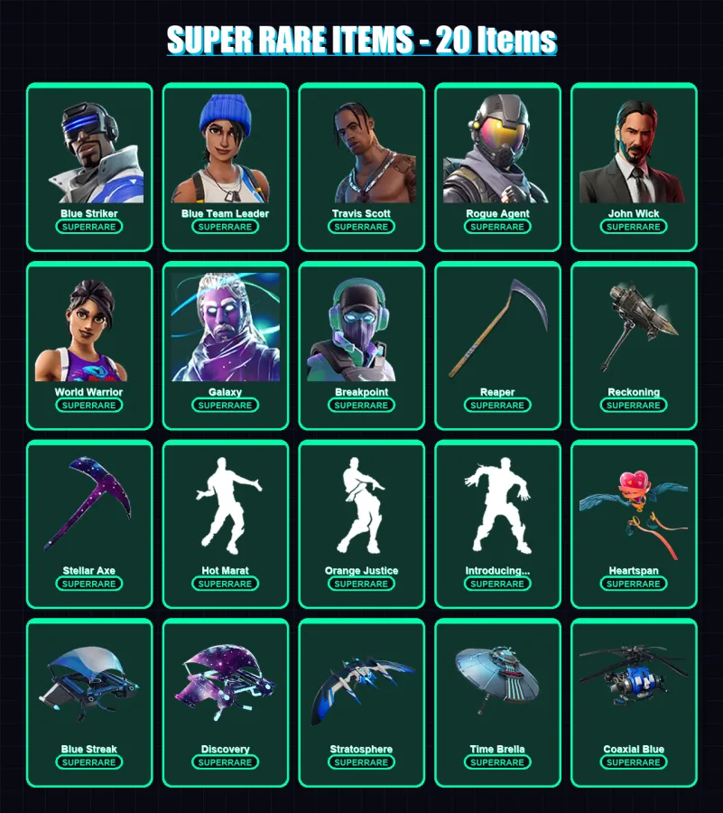 [PC/XBOX/PSN] | Blue Striker | Blue Team Leader | Travis Scott | Rogue Agent | John Wick | 234 skin | 88 pickaxe | 197 emote | 81 glider | Lv1187