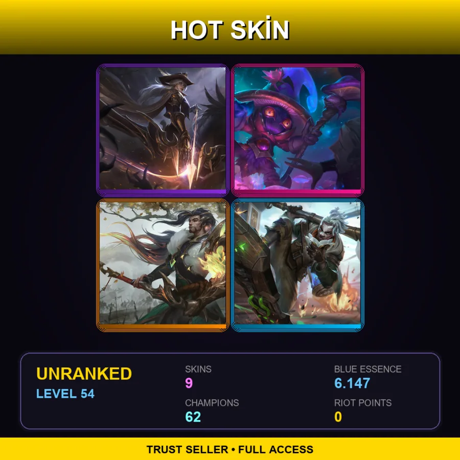 EUW | Lv54 | Unranked | 9 Skin | 62 Champ