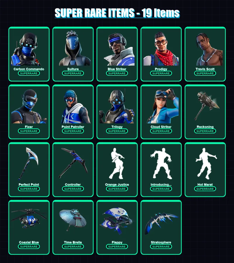 [PS4/PS5/XBOX/PC] | Carbon Commando | Sultura | Blue Striker | Prodigy | Travis Scott | 93 skin | 110 pickaxe | 94 emote | 106 glider | Lv1502