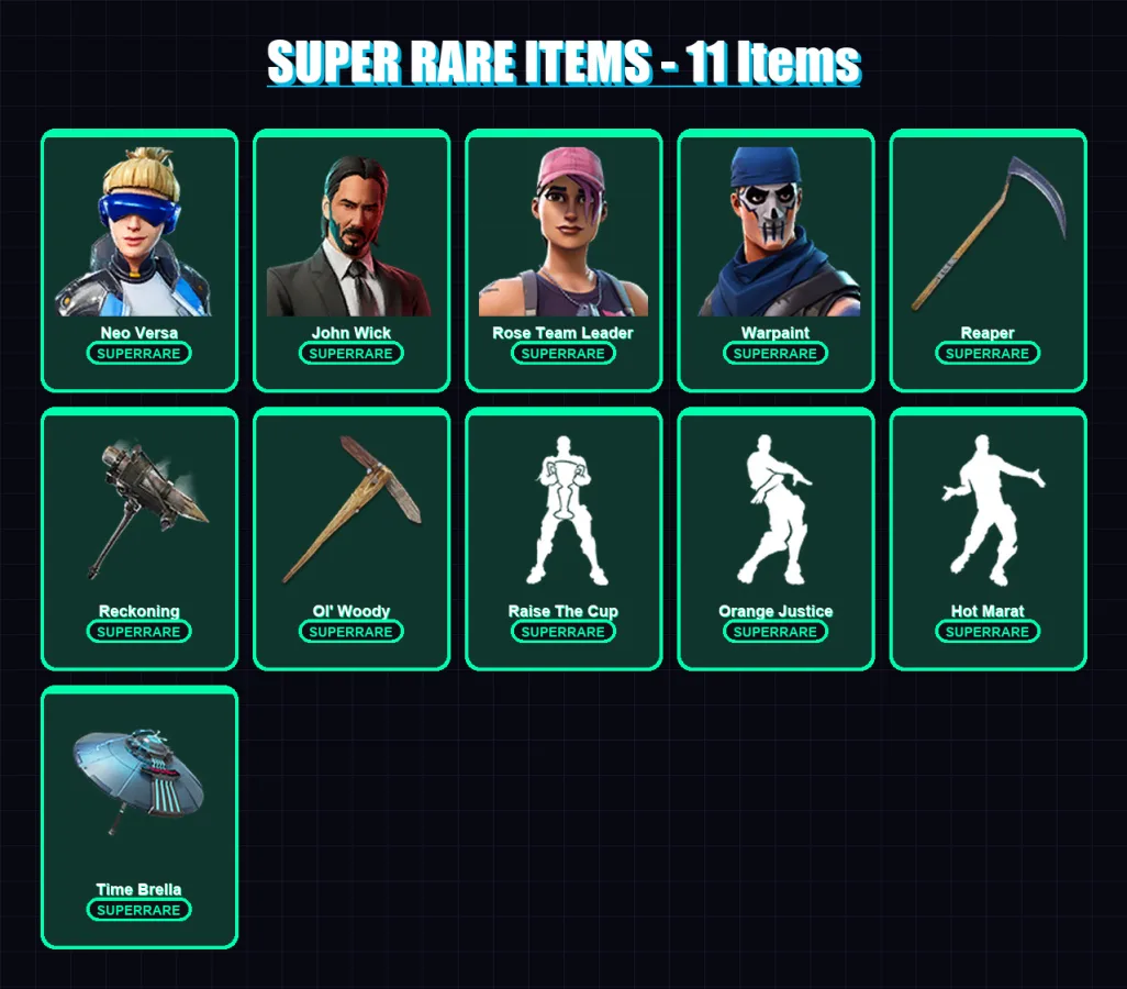 [PC/XBOX] | Neo Versa | John Wick | Rose Team Leader | Warpaint | Blackheart | 127 skin | 119 pickaxe | 120 emote | 112 glider | Lv1749