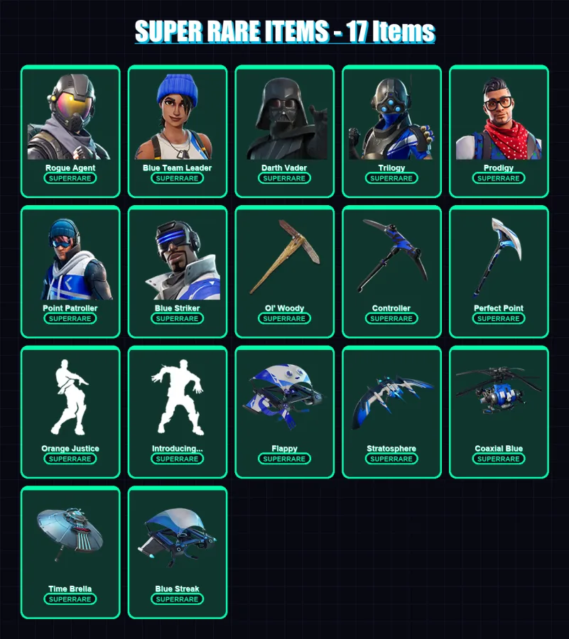 [PC/XBOX/PSN] | Rogue Agent | Blue Team Leader | Darth Vader | Trilogy | Prodigy | 271 skin | 280 pickaxe | 248 emote | 153 glider | Lv1784