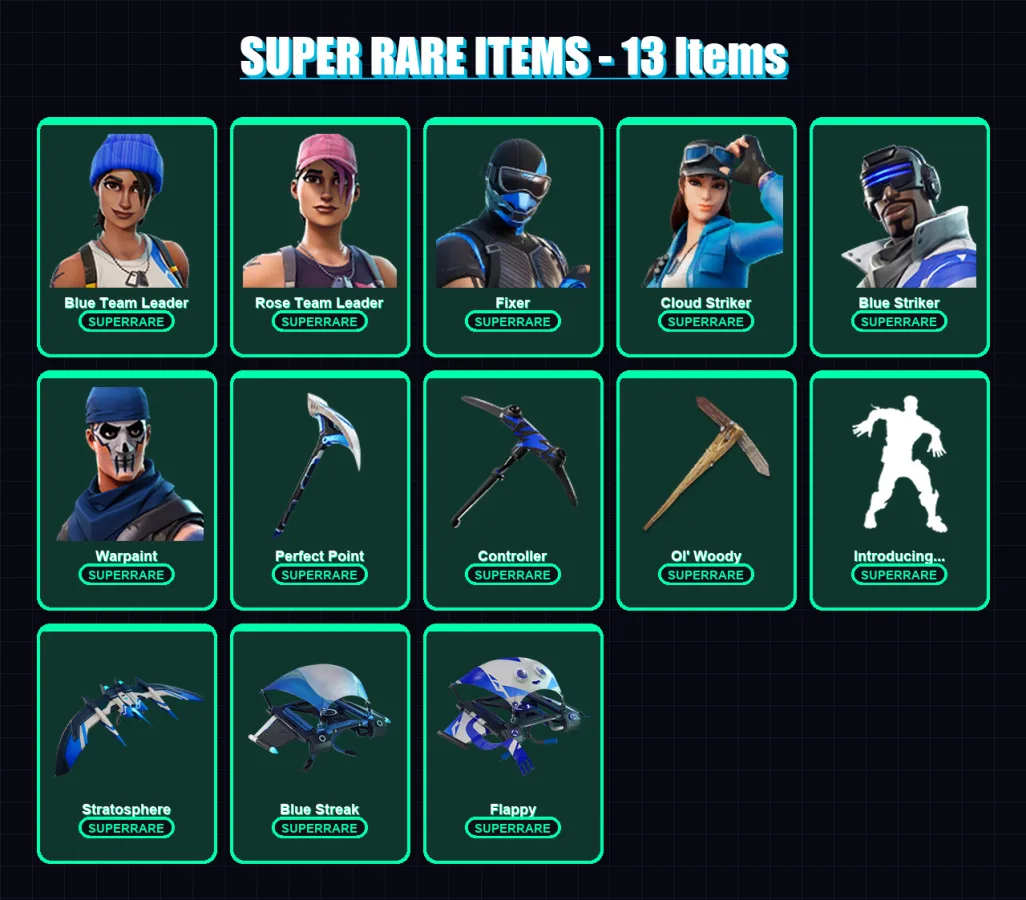 [PS4/PS5/XBOX/PC] | Blue Team Leader | Rose Team Leader | Fixer | Cloud Striker | Blue Striker | 37 skin | 43 pickaxe | 37 emote | 47 glider | Lv587