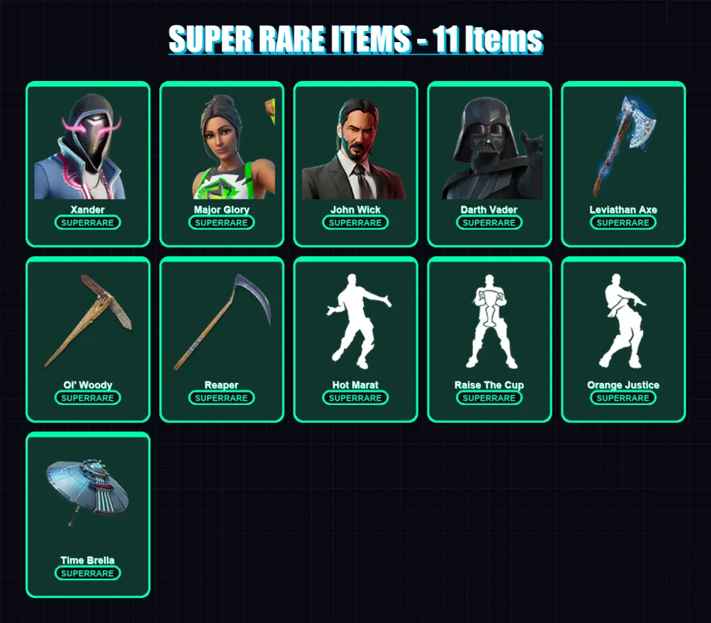 [PC] | Xander | Major Glory | John Wick | Darth Vader | Ruin | 318 skin | 348 pickaxe | 296 emote | 253 glider | Lv4520