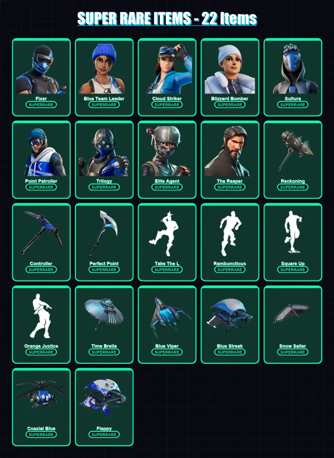 [PS4/PS5/XBOX/PC] | Fixer | Blue Team Leader | Cloud Striker | Blizzard Bomber | Sultura | 91 skin | 165 pickaxe | 101 emote | 137 glider | Lv2021