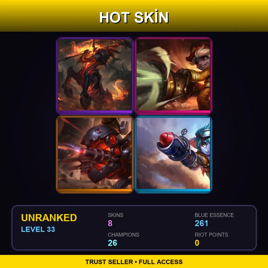 SG | Lv33 | Unranked | 8 Skin | 26 Champ — LoL account