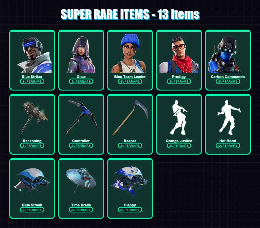 [PC/XBOX/PSN] | Blue Striker | Glow | Blue Team Leader | Prodigy | Carbon Commando | 88 skin | 112 pickaxe | 96 emote | 105 glider | Lv1618