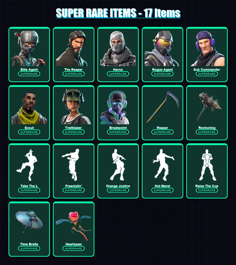 [PC/PSN] | Elite Agent | The Reaper | Havoc | Rogue Agent | Sub Commander | 85 skin | 145 pickaxe | 133 emote | 138 glider | Lv2321