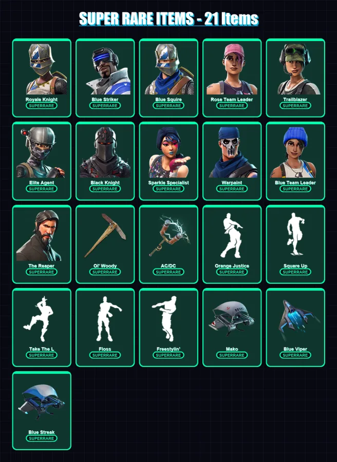 [PS4/PS5/XBOX/PC] | Royale Knight | Blue Striker | Blue Squire | Rose Team Leader | Trailblazer | 36 skin | 31 pickaxe | 30 emote | 41 glider | Lv43