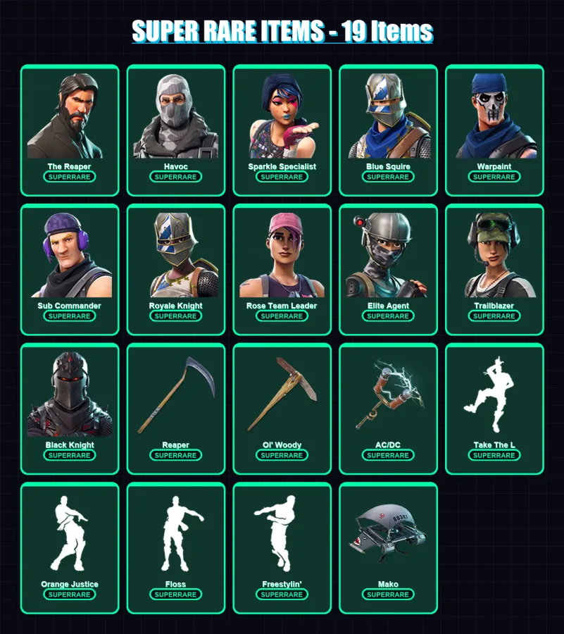 [PS4/PS5/XBOX/PC] | The Reaper | Havoc | Sparkle Specialist | Blue Squire | Warpaint | 113 skin | 89 pickaxe | 94 emote | 88 glider | Lv1164
