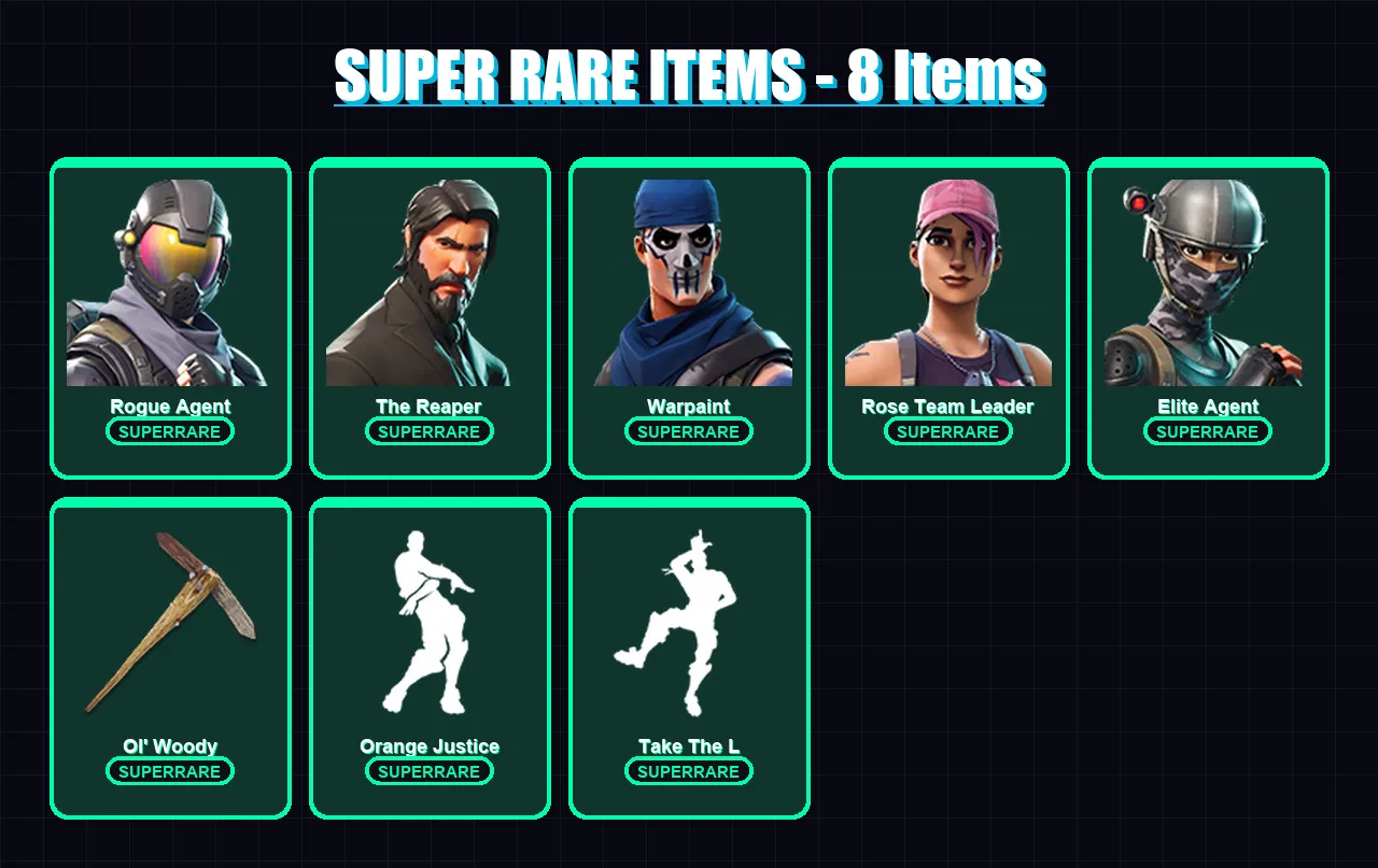 [PC/PSN] | Rogue Agent | The Reaper | Warpaint | Rose Team Leader | Elite Agent | 43 skin | 42 pickaxe | 39 emote | 41 glider | Lv415