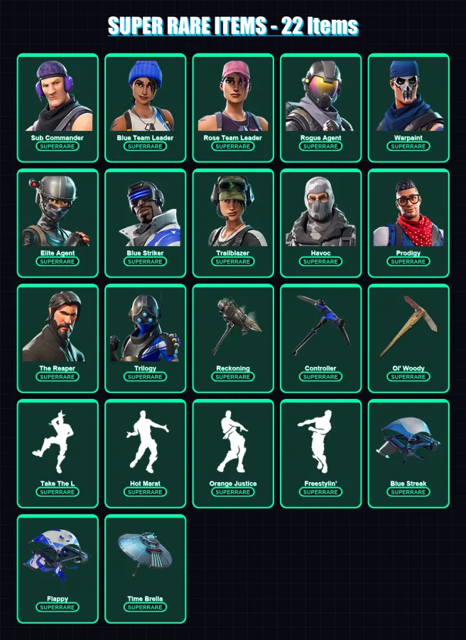 [PS4/PS5/XBOX/PC] | Sub Commander | Blue Team Leader | Rose Team Leader | Rogue Agent | Warpaint | 68 skin | 51 pickaxe | 56 emote | 49 glider | Lv5