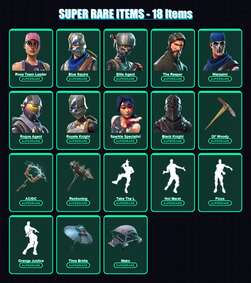 [PC/XBOX/PSN] | Rose Team Leader | Blue Squire | Elite Agent | The Reaper | Warpaint | 124 skin | 132 pickaxe | 117 emote | 127 glider | Lv1822