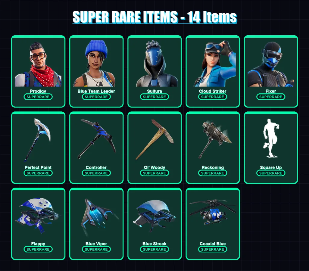 [PS4/PS5/XBOX/PC] | Prodigy | Blue Team Leader | Sultura | Cloud Striker | Fixer | 87 skin | 105 pickaxe | 66 emote | 100 glider | Lv1266