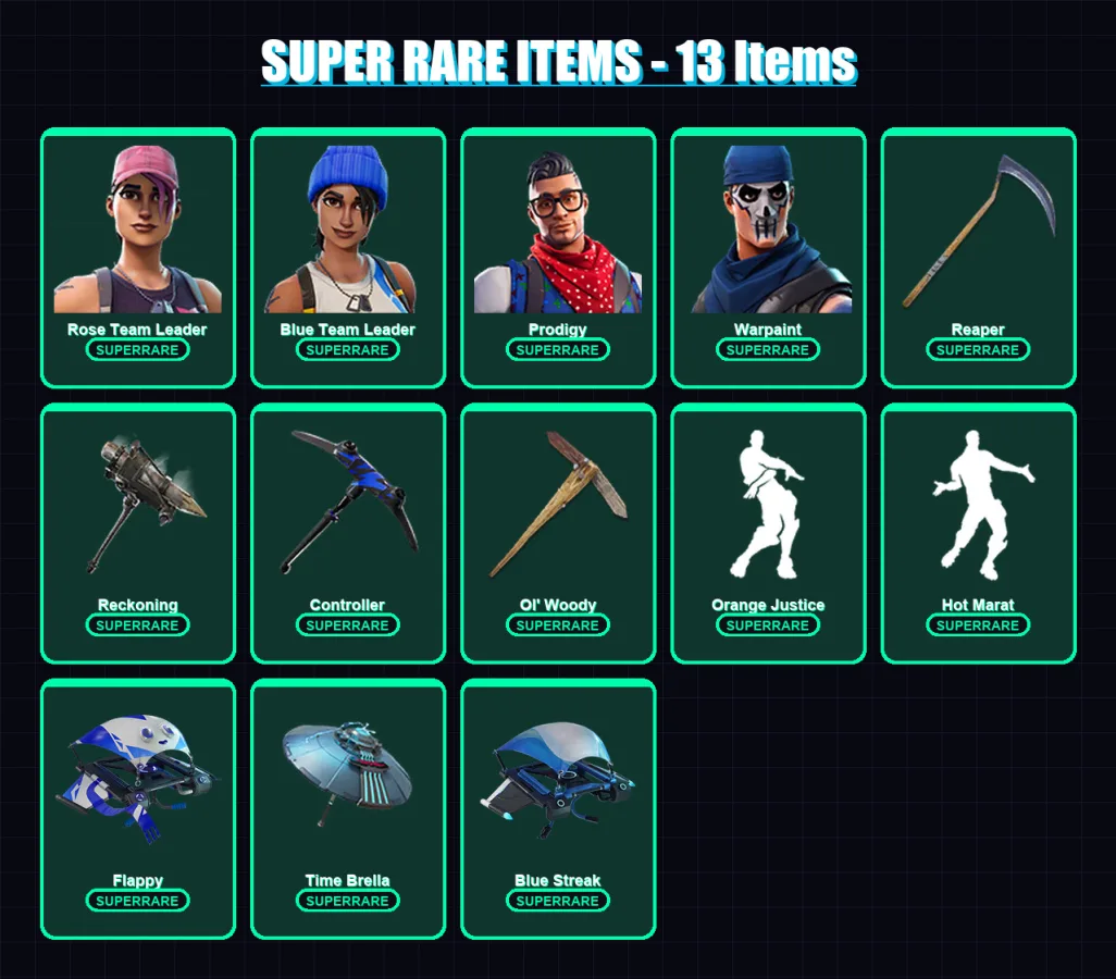 [PS4/PS5/XBOX/PC] | Rose Team Leader | Blue Team Leader | Prodigy | Warpaint | A.I.M. | 52 skin | 53 pickaxe | 58 emote | 61 glider | Lv999
