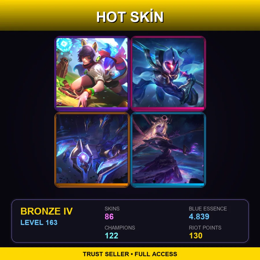 EUW | Lv163 | Bronze IV | 86 Skin | 122 Champ — LoL account