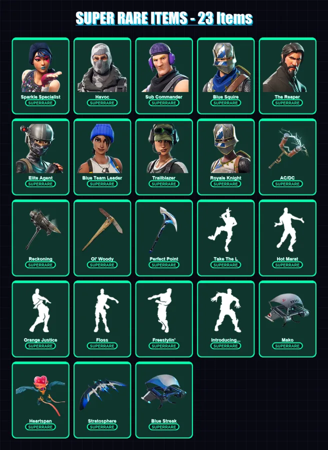 [PS4/PS5/XBOX/PC] | Sparkle Specialist | Havoc | Sub Commander | Blue Squire | The Reaper | 138 skin | 96 pickaxe | 118 emote | 100 glider | Lv1565