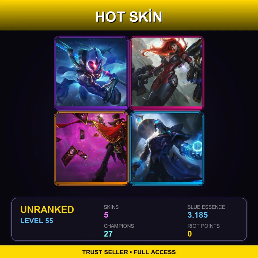 LAN | Cosmic Blade Master Yi | Gun Goddess Miss Fortune | The Magnificent Twisted Fate | Worlds 2019 Ryze | 5 Skin | 27 Champ | Lv55
