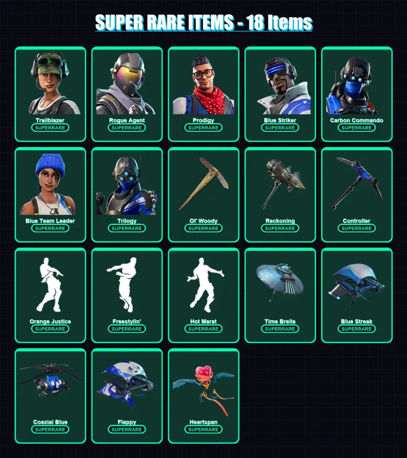 [PC] | Trailblazer | Rogue Agent | Prodigy | Blue Striker | Carbon Commando | 108 skin | 98 pickaxe | 95 emote | 100 glider | Lv1327