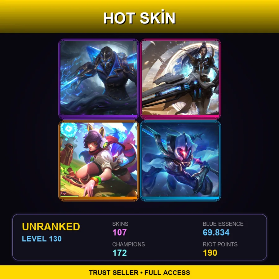 VN | Lv130 | Unranked | 107 Skin | 172 Champ — LoL account