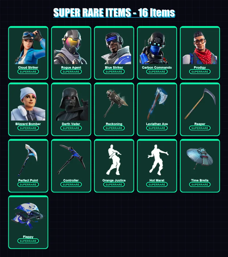 [PS4/PS5/PC] | Cloud Striker | Rogue Agent | Blue Striker | Carbon Commando | Prodigy | 156 skin | 103 pickaxe | 76 emote | 94 glider | Lv1615