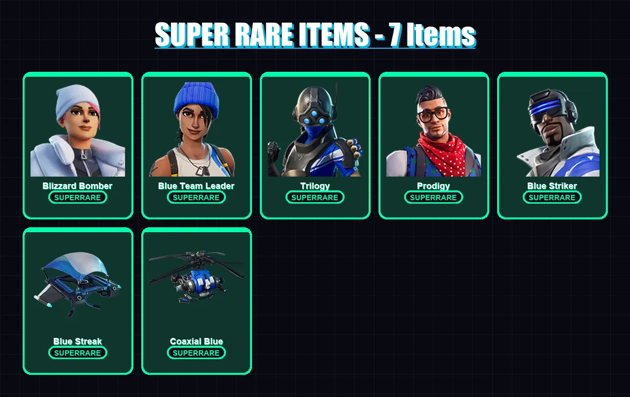 [PC/XBOX] | Blizzard Bomber | Blue Team Leader | Trilogy | Prodigy | Blue Striker | 6 skin | 2 pickaxe | 4 emote | 7 glider | Lv63