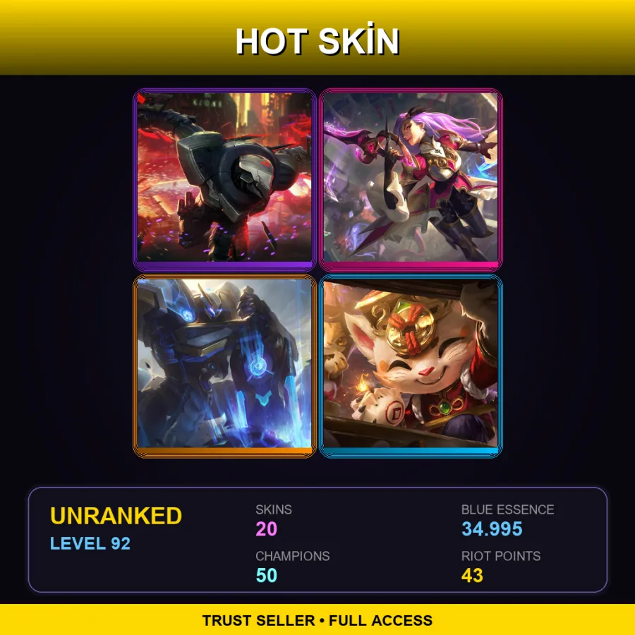EUW | Lv92 | Unranked | 20 Skin | 50 Champ — LoL account