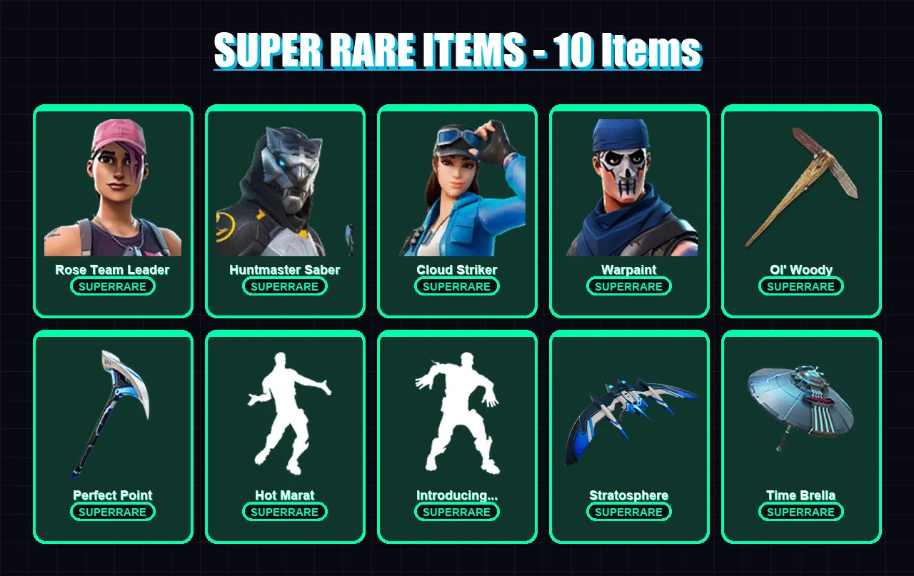 [PC/XBOX/PSN] | Rose Team Leader | Huntmaster Saber | Cloud Striker | Warpaint | Blackheart | 108 skin | 161 pickaxe | 142 emote | 138 glider | Lv25
