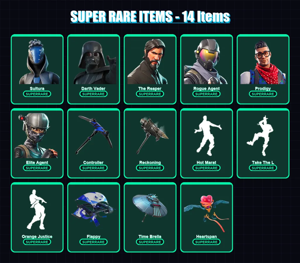 [PC] | Sultura | Darth Vader | The Reaper | Rogue Agent | Prodigy | 160 skin | 155 pickaxe | 139 emote | 143 glider | Lv1922 — Fortnite account