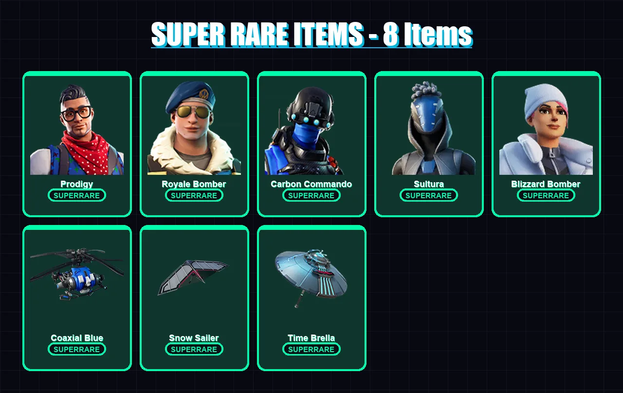 [PS4/PS5/XBOX/PC] | Prodigy | Royale Bomber | Carbon Commando | Sultura | Blizzard Bomber | 45 skin | 58 pickaxe | 54 emote | 58 glider | Lv686