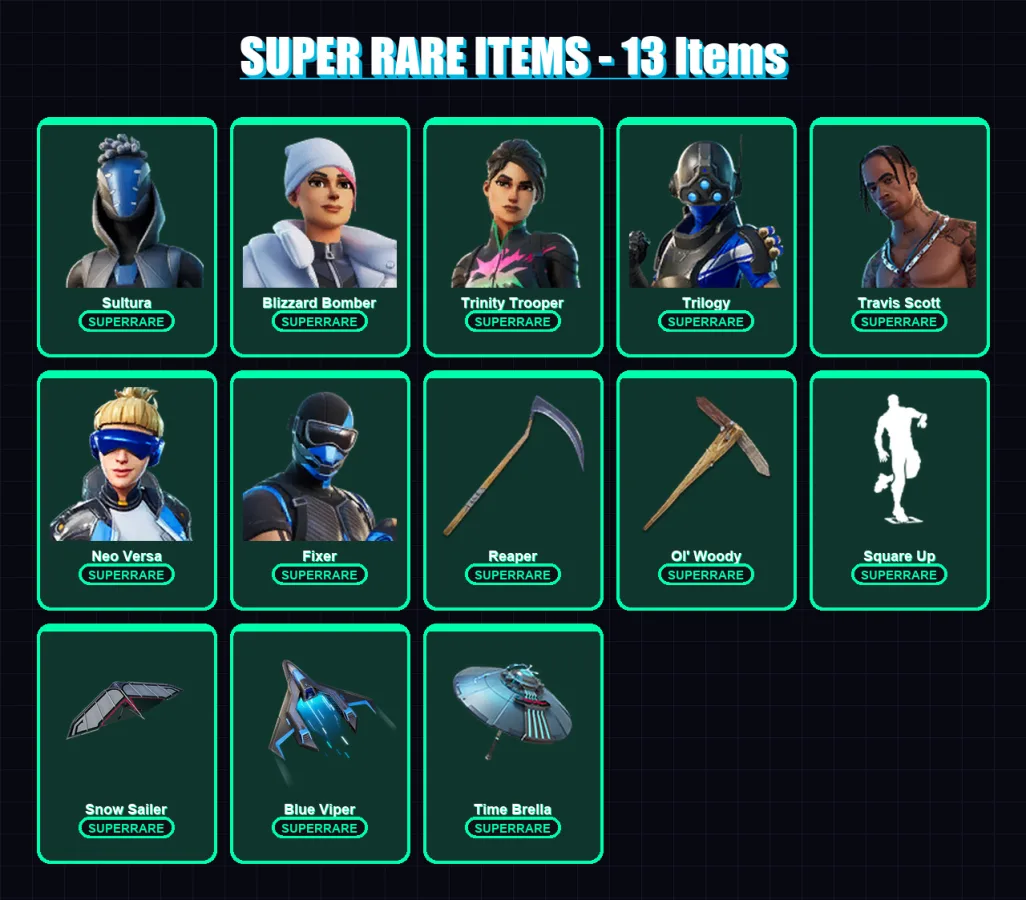 [PS4/PS5/XBOX/PC] | Sultura | Blizzard Bomber | Trinity Trooper | Trilogy | Travis Scott | 157 skin | 202 pickaxe | 182 emote | 139 glider | Lv2750