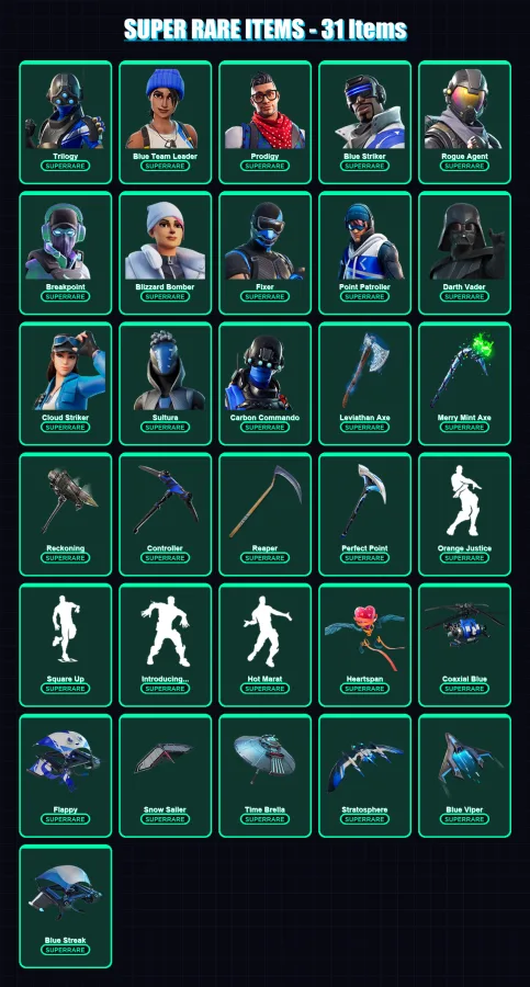 [PS4/PS5/XBOX/PC] | Trilogy | Blue Team Leader | Prodigy | Blue Striker | Rogue Agent | 410 skin | 415 pickaxe | 364 emote | 299 glider | Lv4562